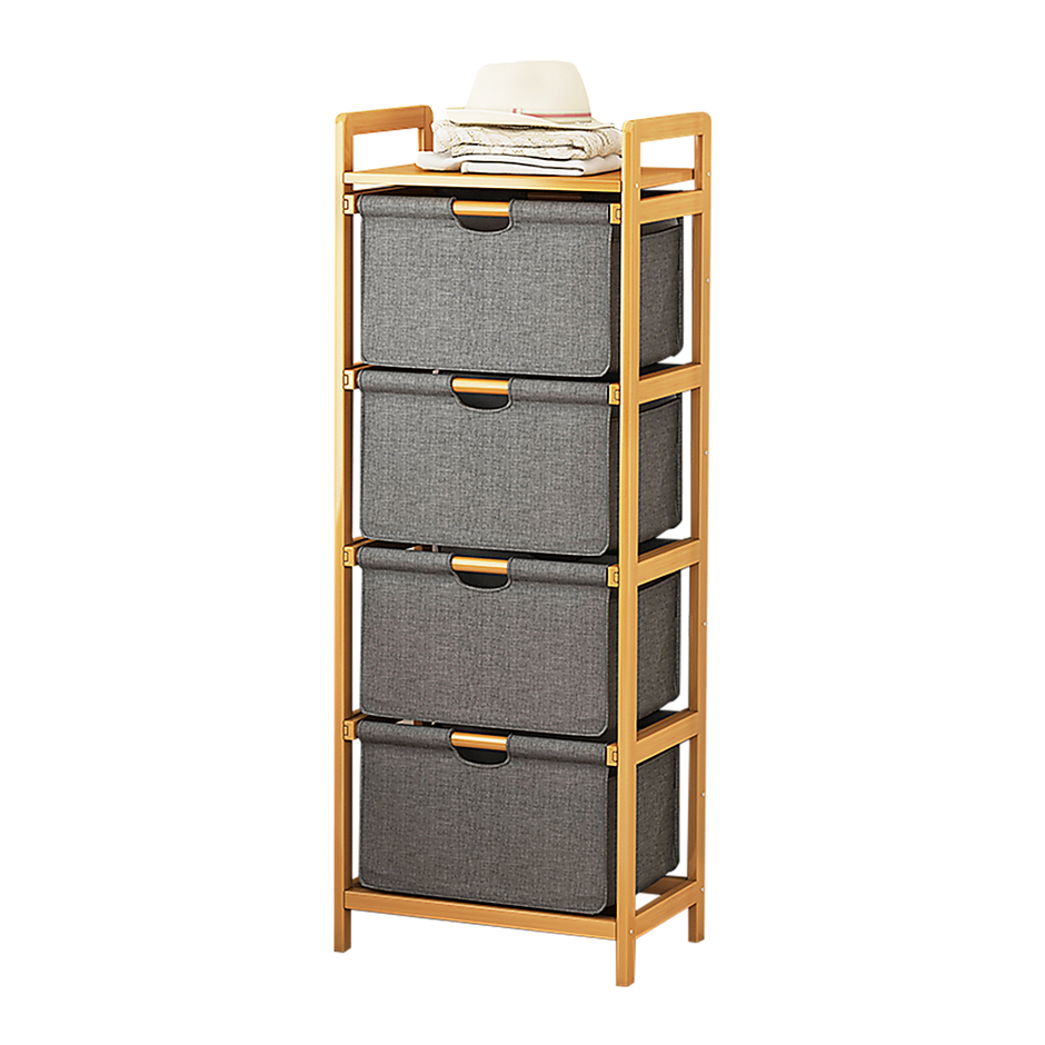 Bamboo Shelf with Storage Hamper – Wooden Organiser with 4 Laundry Bags