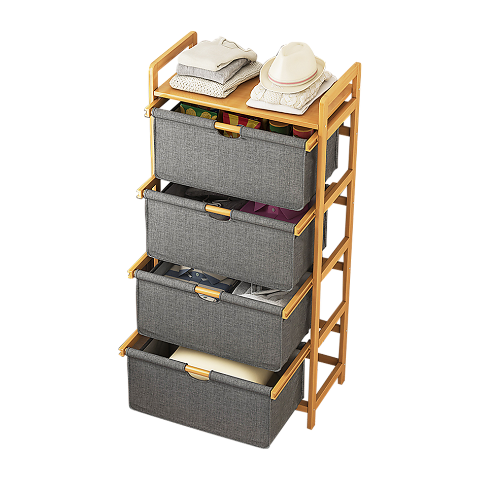 Bamboo Shelf with Storage Hamper – Wooden Organiser with 4 Laundry Bags