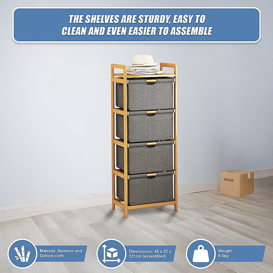Bamboo Shelf with Storage Hamper – Wooden Organiser with 4 Laundry Bags