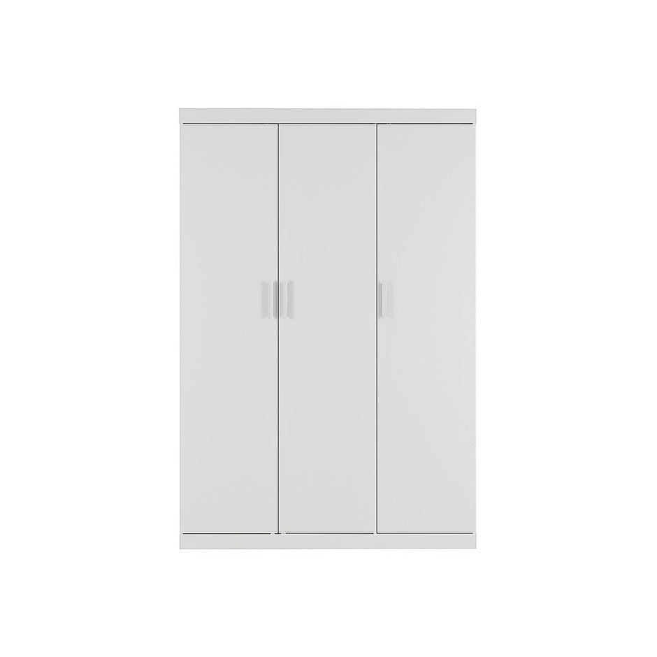 3 Door White Wardrobe – White Handles, Hanging Rail & Shelves