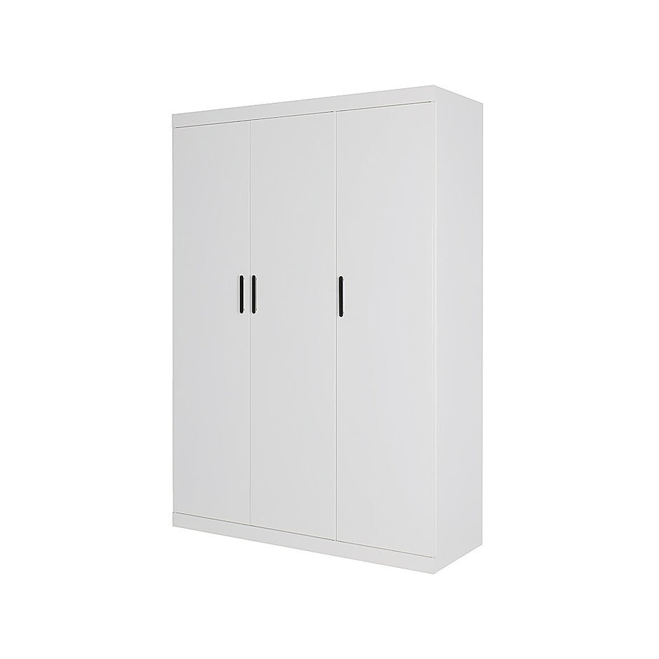 3 Door White Wardrobe – Black Handles, Hanging Rail & Shelves