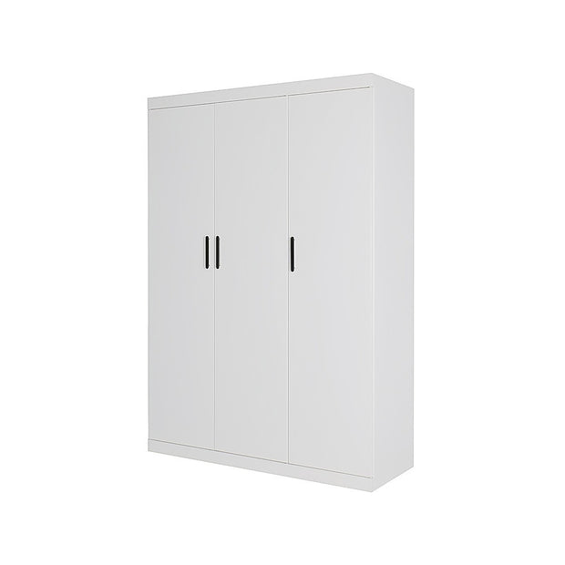 3 Door White Wardrobe – Black Handles, Hanging Rail & Shelves