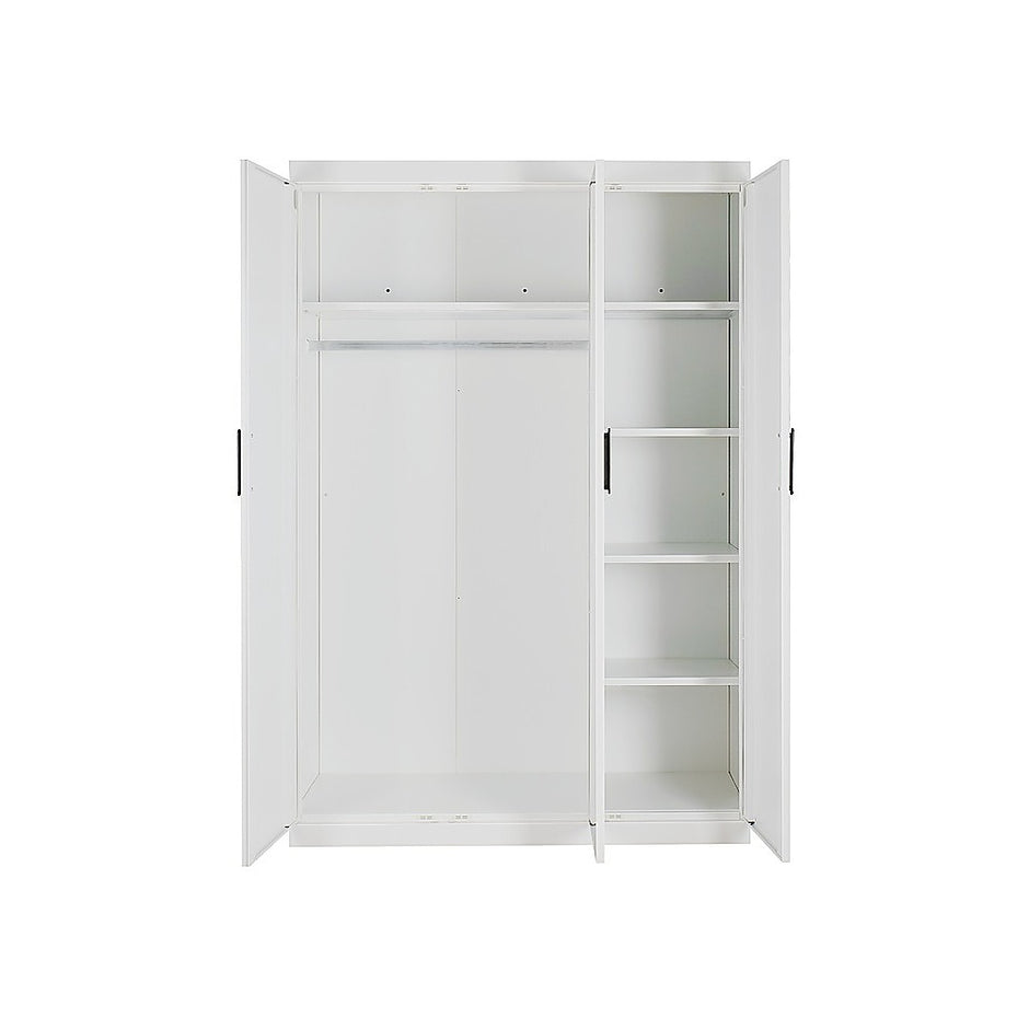 3 Door White Wardrobe – Black Handles, Hanging Rail & Shelves