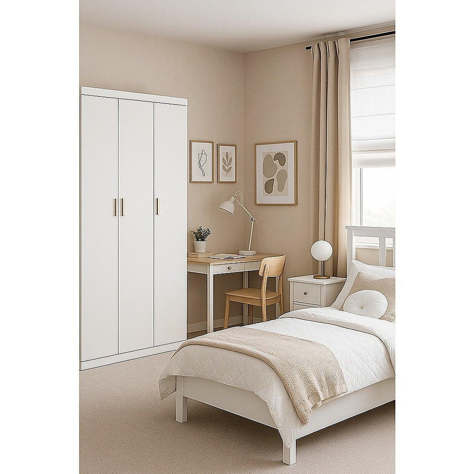 3 Door White Wardrobe – Gold Handles, Hanging Rail & Shelves