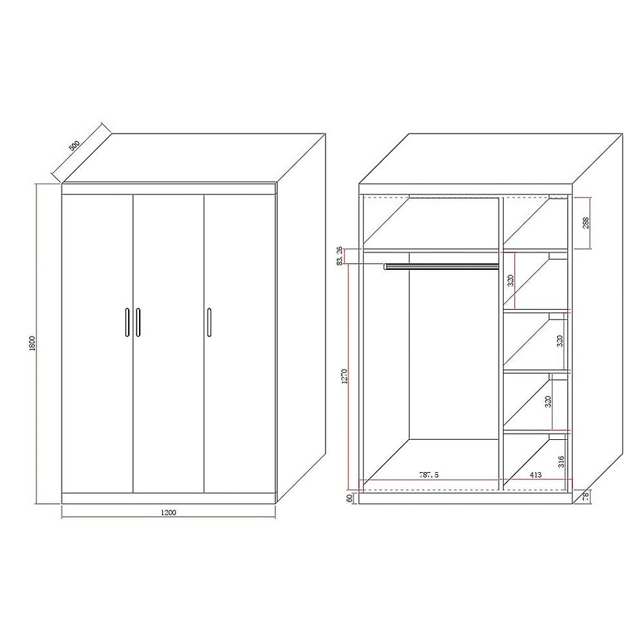 3 Door White Wardrobe – Gold Handles, Hanging Rail & Shelves