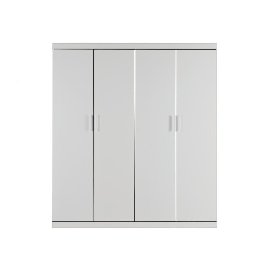 4 Door White Wardrobe Cabinet – Hanging Rail, Shelves & White Handles
