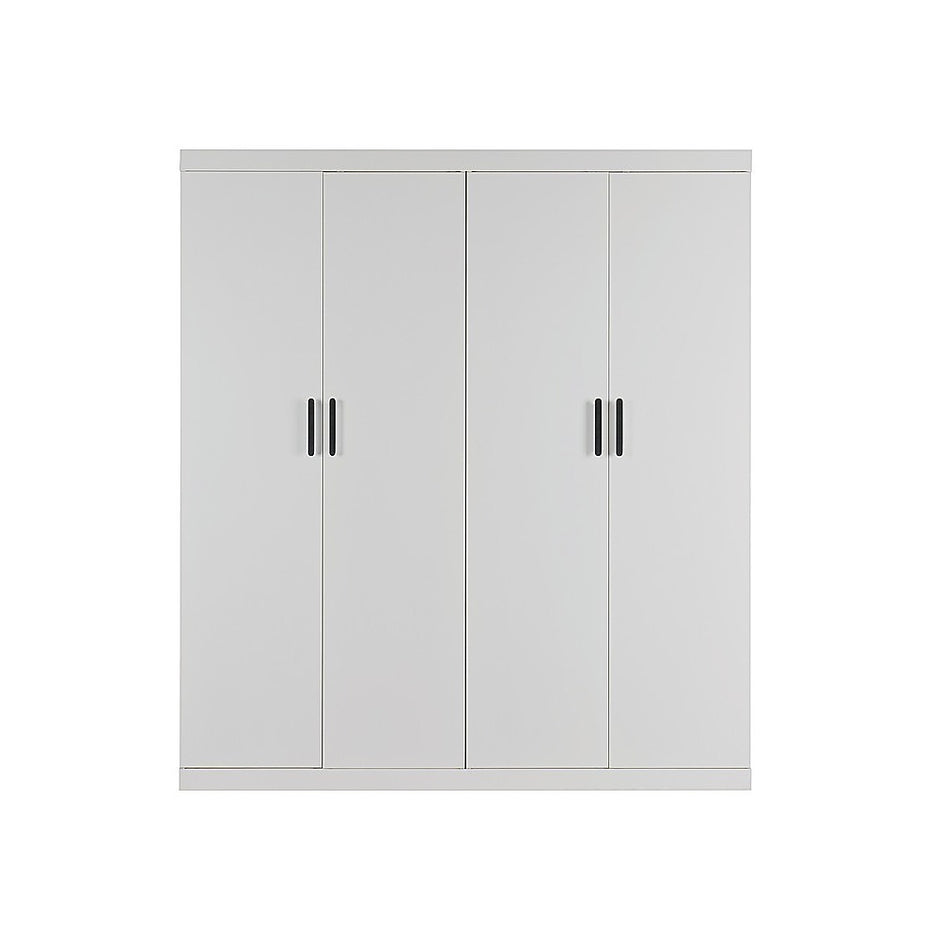 4 Door White Wardrobe Cabinet – Hanging Rail, Shelves & Black Handles