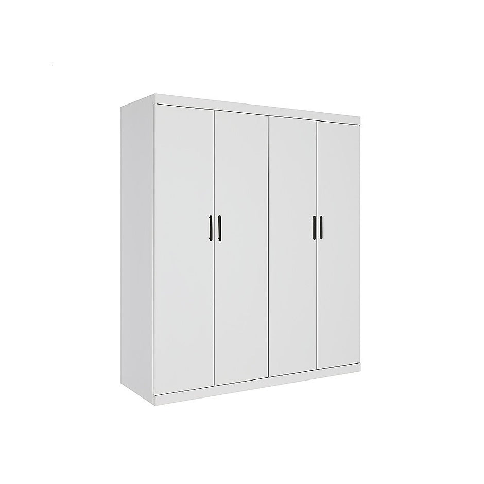 4 Door White Wardrobe Cabinet – Hanging Rail, Shelves & Black Handles