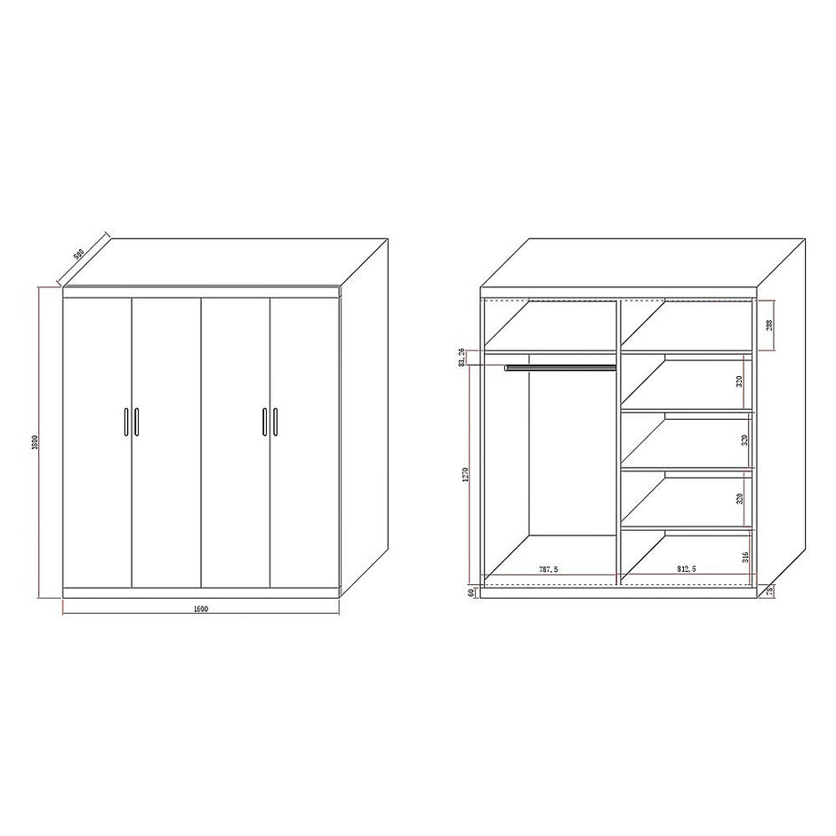 4 Door White Wardrobe Cabinet – Hanging Rail, Shelves & Black Handles