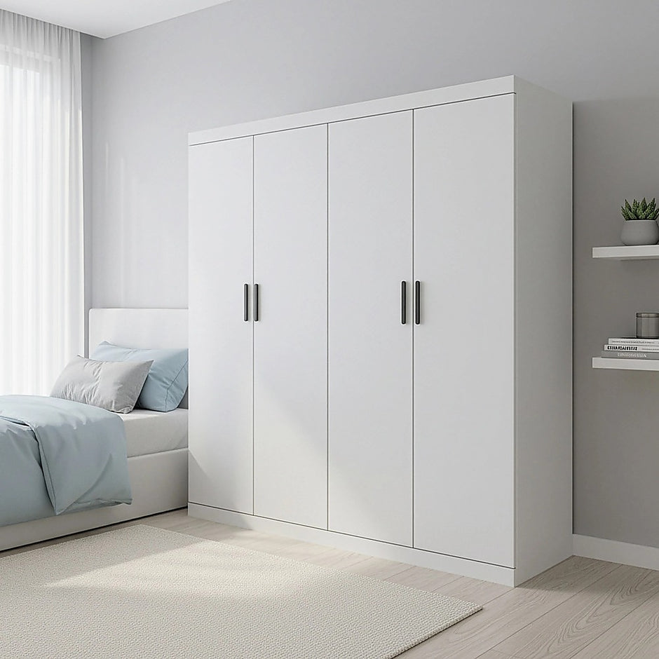4 Door White Wardrobe Cabinet – Hanging Rail, Shelves & Black Handles