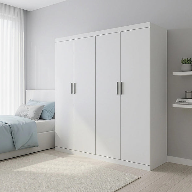4 Door White Wardrobe Cabinet – Hanging Rail, Shelves & Black Handles