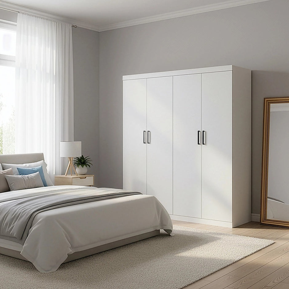 4 Door White Wardrobe Cabinet – Hanging Rail, Shelves & Black Handles