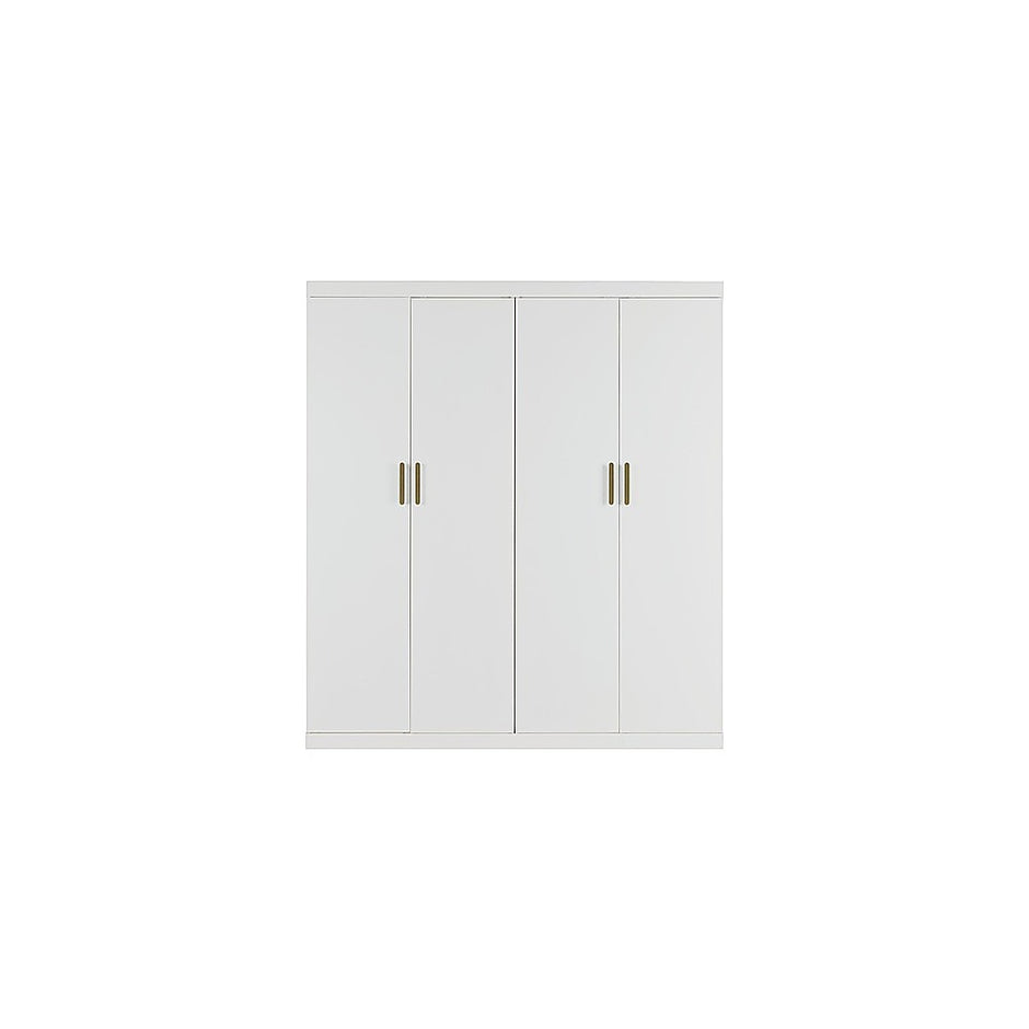 4 Door White Wardrobe Cabinet – Hanging Rail, Shelves & Gold Handles