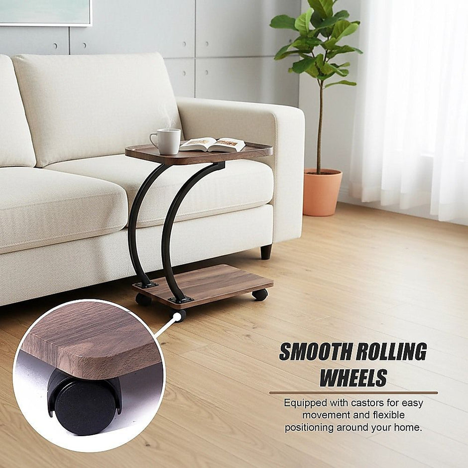 C-Shaped Corner End Table with Wheels Sofa Side