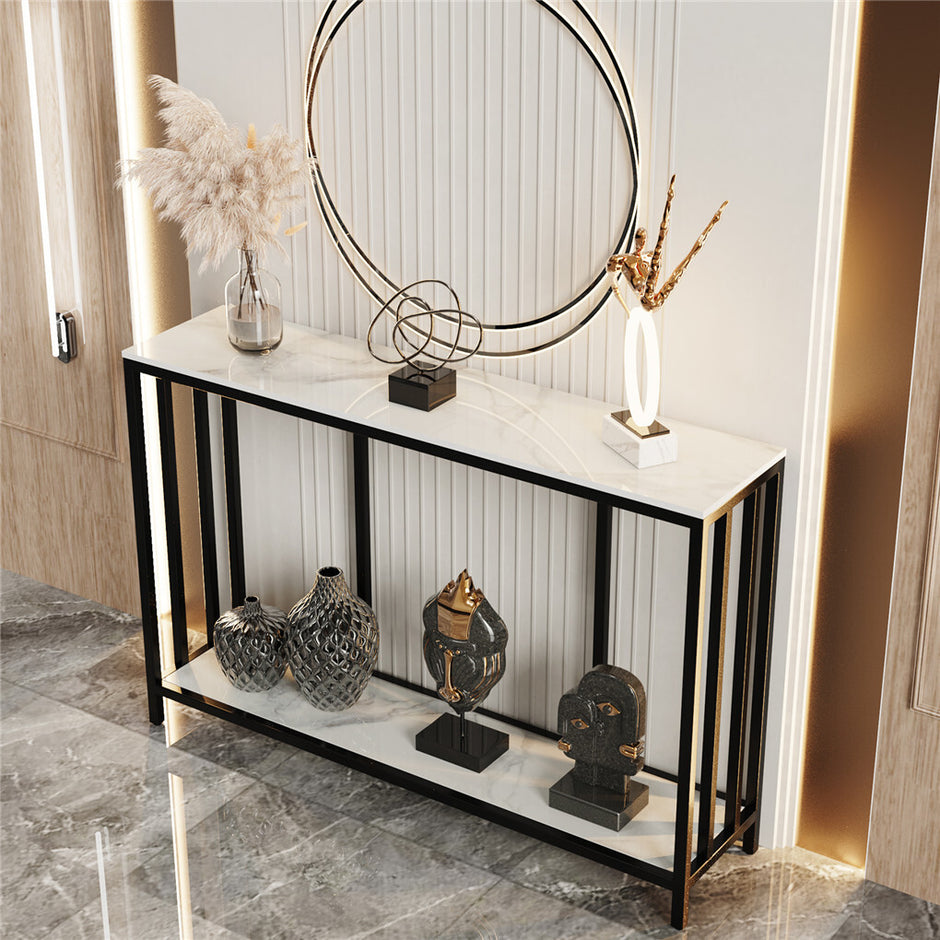 2-Tier White Marble Entryway Console Table Extra Long Foyer Couch Table