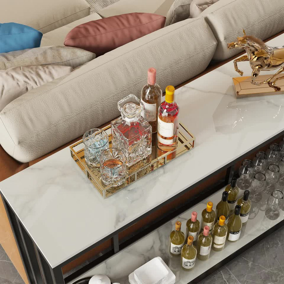 2-Tier White Marble Entryway Console Table Extra Long Foyer Couch Table