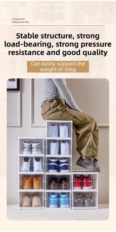 Transparent 6-Layer Foldable Shoe Storage Tower with Transparent Display Panel & Back Ventilation - One-Pull Instant Setup Stackable Box (25.5x34.5x105CM)