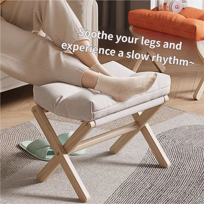 Orange Foldable Ottoman & Padded Footstool with Velcro Stability - Cotton Linen Portable Office Leg Rest & Entryway Shoe Stool