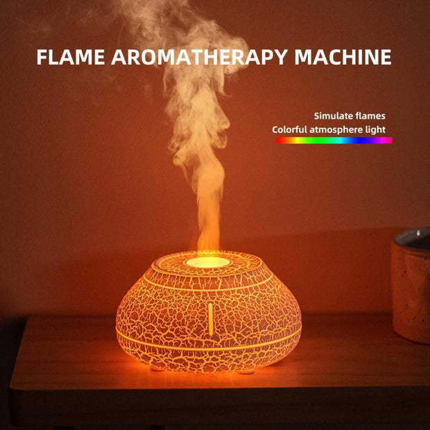 Crackled White 7-Color Flame Ultrasonic Nano Mist Humidifier & Diffuser - Type-C Powered Realistic Fire Effect Mood Lamp for Home & Office
