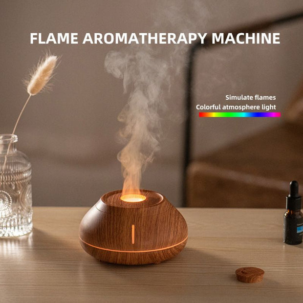 Wood Grain 7-Color Flame Ultrasonic Nano Mist Humidifier & Diffuser - Type-C Powered Realistic Fire Effect Mood Lamp for Home & Office