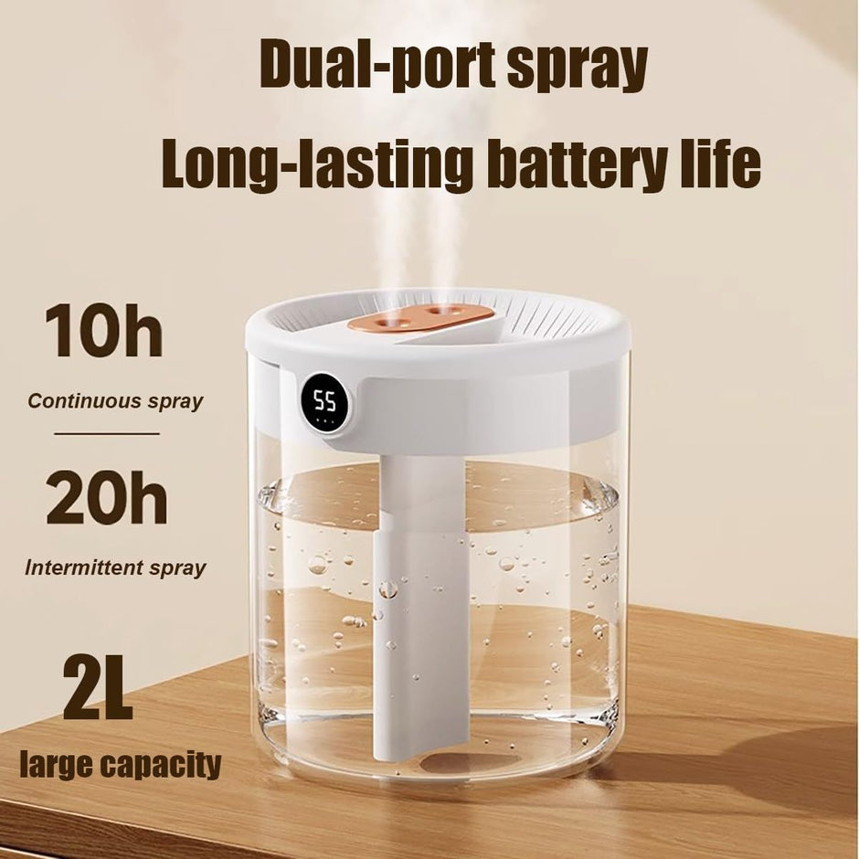 White 2L Dual-Spray Ultrasonic Humidifier and Air Diffuser with Night Light - USB Powered, Quiet Operation, Smart Digital Display & Real-Time Humidity Sensor