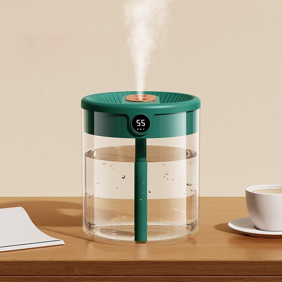 Green 2L Dual-Spray Ultrasonic Humidifier and Air Diffuser with Night Light - USB Powered, Quiet Operation, Smart Digital Display & Real-Time Humidity Sensor