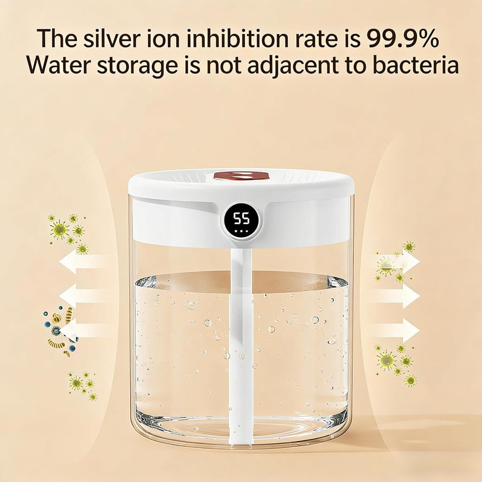 Green 2L Dual-Spray Ultrasonic Humidifier and Air Diffuser with Night Light - USB Powered, Quiet Operation, Smart Digital Display & Real-Time Humidity Sensor