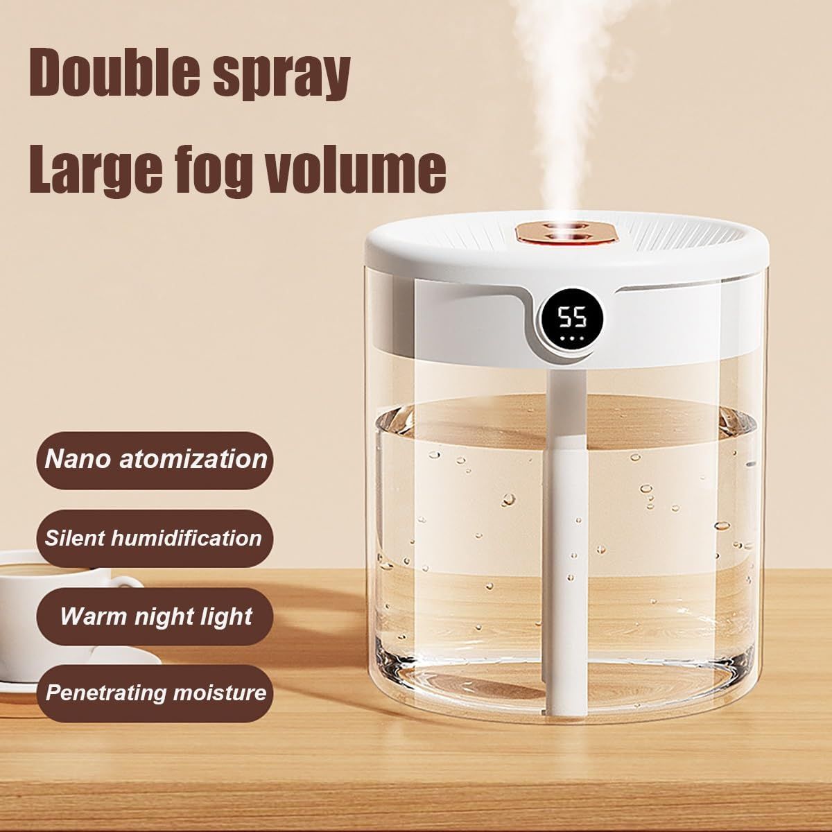 Pink 2L Dual-Spray Ultrasonic Humidifier and Air Diffuser with Night Light - USB Powered, Quiet Operation, Smart Digital Display & Real-Time Humidity Sensor
