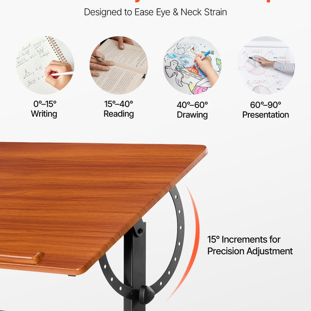 VEVOR Drafting Table Adjustable 0°–90° Tilt Wooden Drawing Desk with H-Frame
