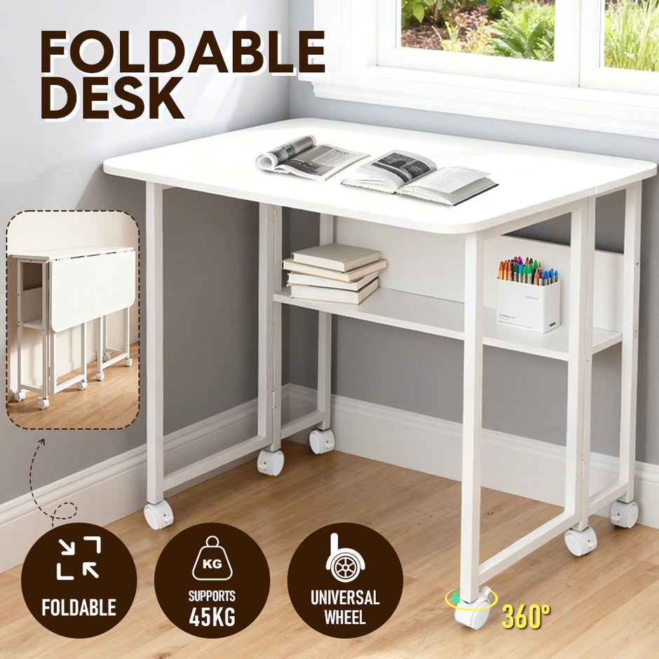 Compat Foldable Desk Rolling Study Desk Small Computer Desk with Wheels and Storage Shelf for Small Spaces Study Home Office Dorm Easy Assembly White