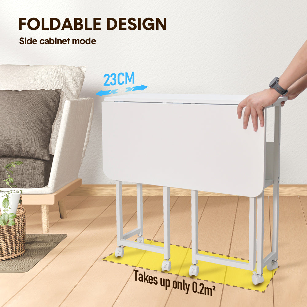 Compat Foldable Desk Rolling Study Desk Small Computer Desk with Wheels and Storage Shelf for Small Spaces Study Home Office Dorm Easy Assembly White