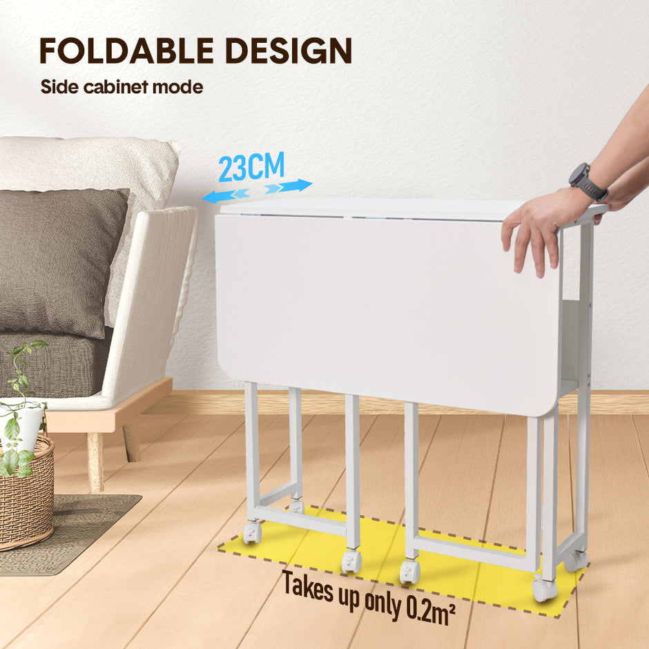 Compat Foldable Desk Rolling Study Desk Small Computer Desk with Wheels and Storage Shelf for Small Spaces Study Home Office Dorm Easy Assembly White