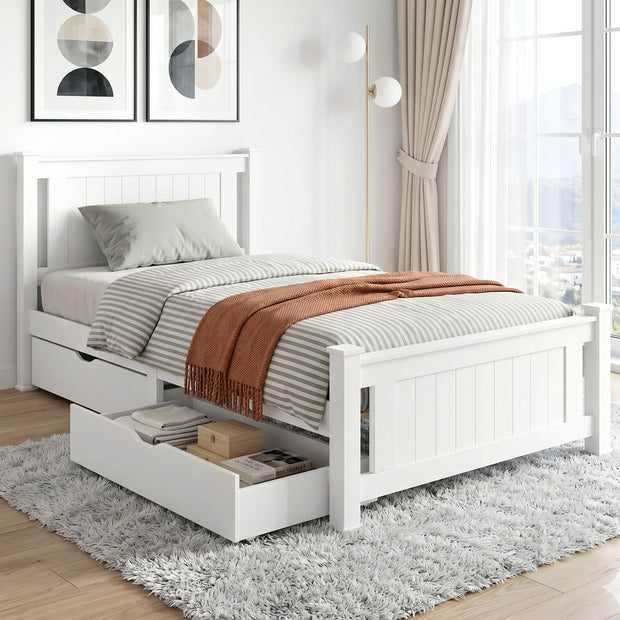 Artiss Bed Frame King Single Size Wooden Platform with 2 Storage Drawers White RIO