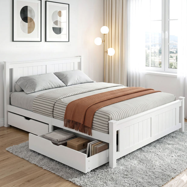 Artiss Bed Frame Queen Size Wooden Platform with 2 Storage Drawers White RIO