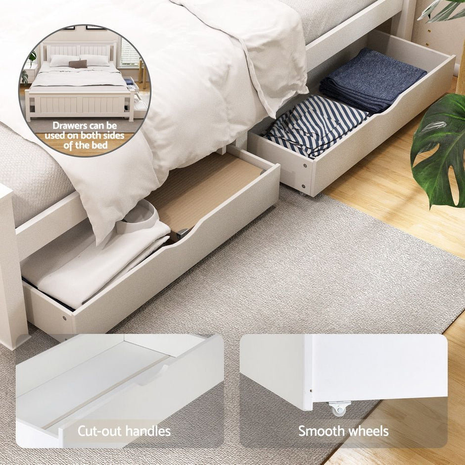 Artiss Bed Frame Queen Size Wooden Platform with 2 Storage Drawers White RIO