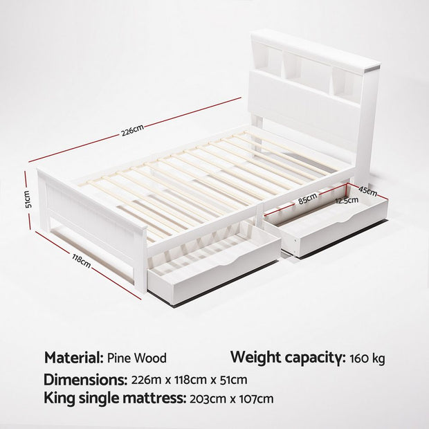 Artiss Bed Frame King Single Size Wooden with 2 Storage Drawers White