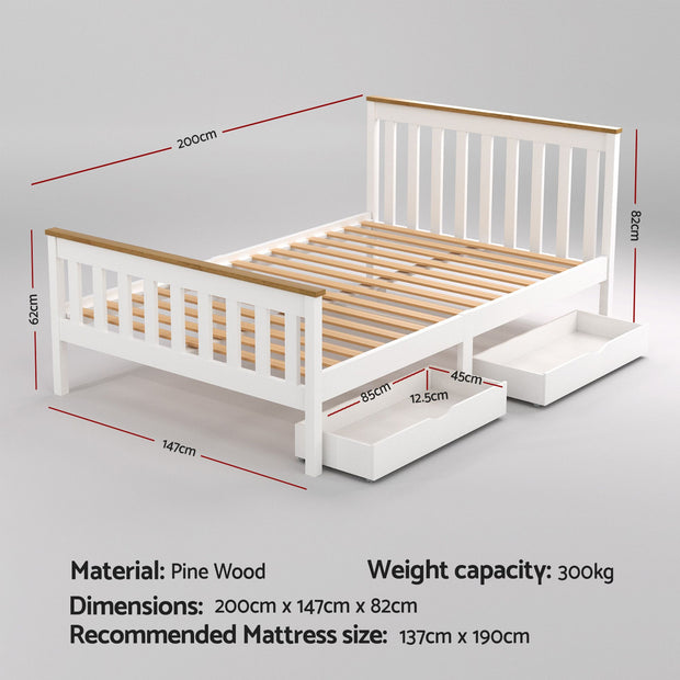 Artiss Bed Frame Double Size Wooden Platform with 2 Storage Drawers White PONY