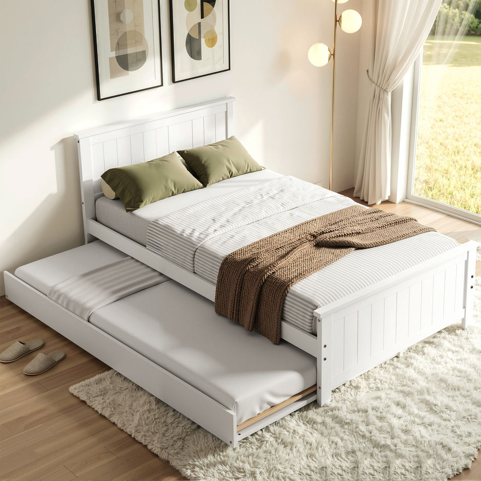 Artiss Single Bed Frame with Trundle Solid Wood Toddler Bunk Bed with Headboard White