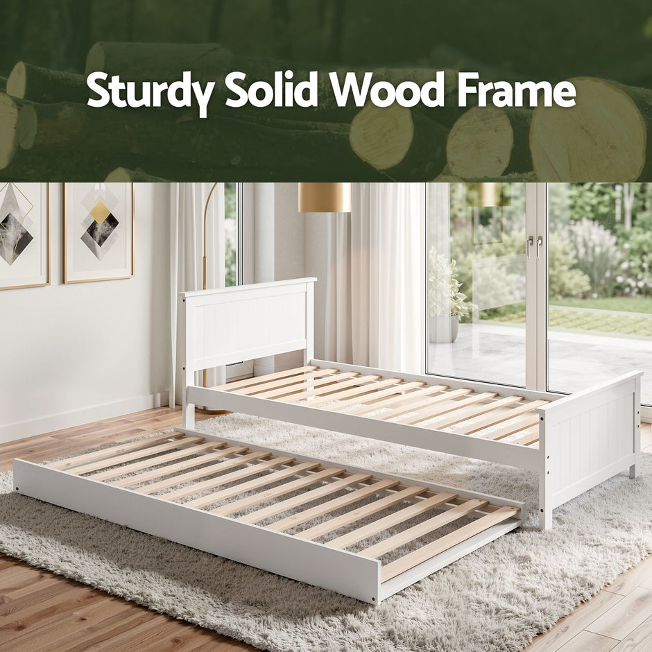 Artiss Single Bed Frame with Trundle Solid Wood Toddler Bunk Bed with Headboard White
