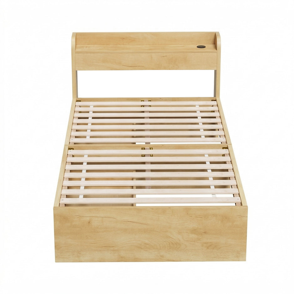 Artiss King Single Bed Frame with 2 Drawers Platform Bed with Headboard Bed Base with USB Ports Natural