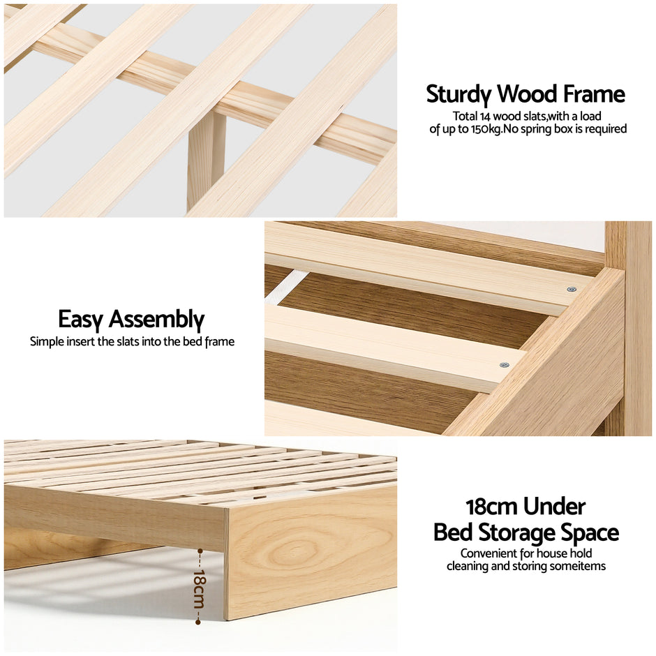 Artiss Single Bed Frame with 2 Storage Drawers Platform Bed Base with USB Ports Sturdy Wooden Slat Support Natural