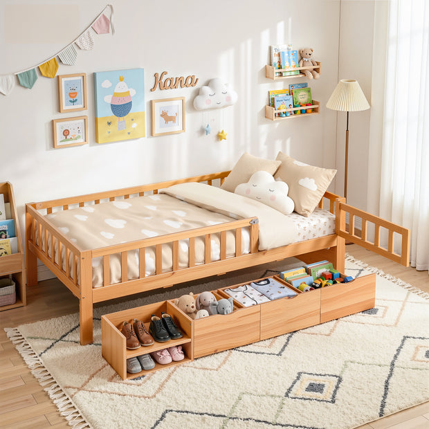 Artiss Kids Single Bed Frame with 3 Storage Drawer Montessori Bed for Toddler Natural