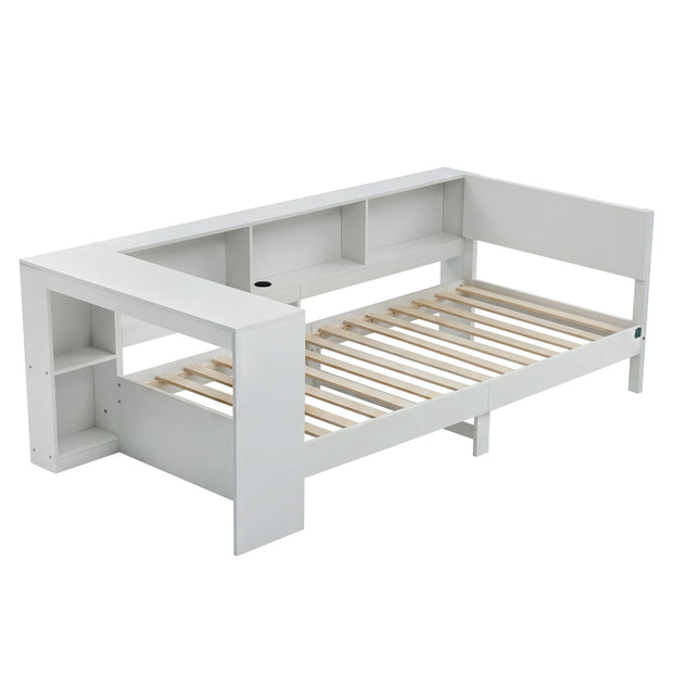 Artiss White Single Solid Wood Corner Platform Bed Frame with Built-in Desk, Storage Shelves and USB-C Charging Station for Small Spaces, Wooden Bed Base for Guest Room