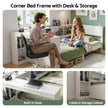 Artiss White Single Solid Wood Corner Platform Bed Frame with Built-in Desk, Storage Shelves and USB-C Charging Station for Small Spaces, Wooden Bed Base for Guest Room