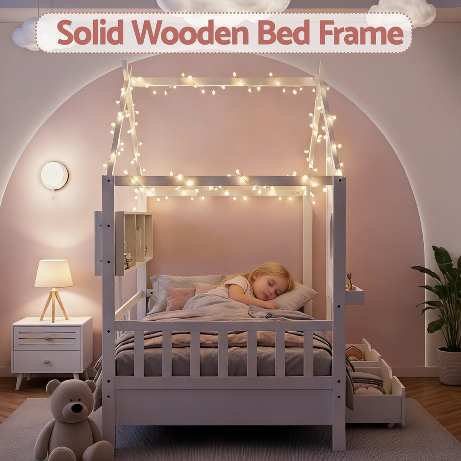 Artiss Kids Single Bed Frame with 3 Storage Bookcase & 2 Drawers House Bed Solid Wood Montessori Bed Easy Assembly White