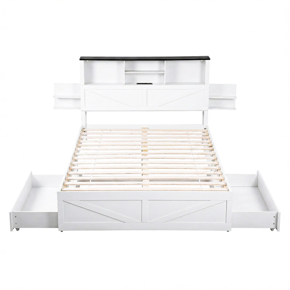 Artiss Queen Bed Frame with Storage Drawers White Platform Bedframe with Bookcase Headboard Charging Station Led Light