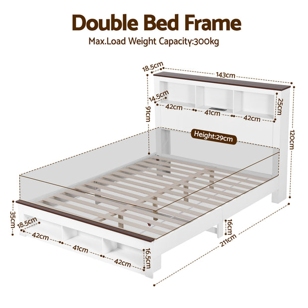 Artiss Double Bed Frame with Storage Bookcase Headboard and Footboard White Wooden Platform Bed with Charging Station and Led Light Bedroom Furniture