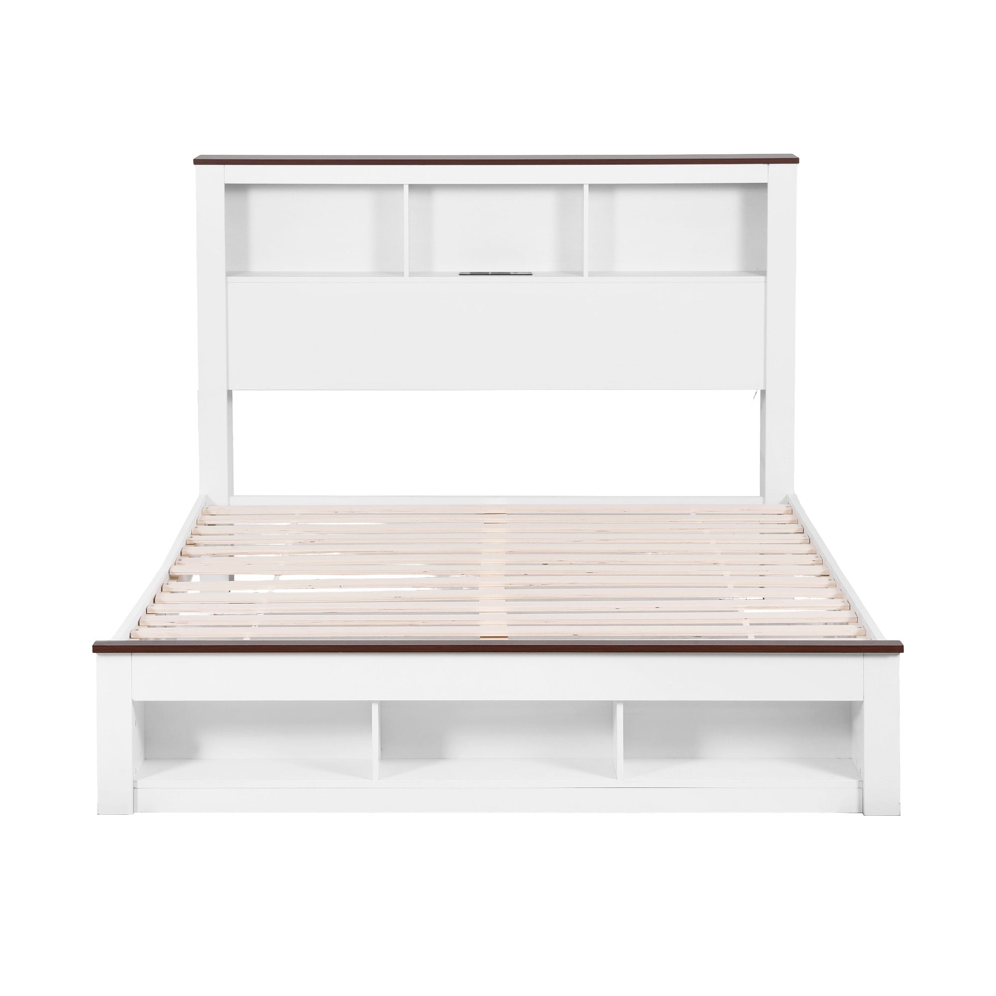 Artiss Double Bed Frame with Storage Bookcase Headboard and Footboard White Wooden Platform Bed with Charging Station and Led Light Bedroom Furniture