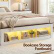 Artiss Double Bed Frame with Storage Bookcase Headboard and Footboard White Wooden Platform Bed with Charging Station and Led Light Bedroom Furniture
