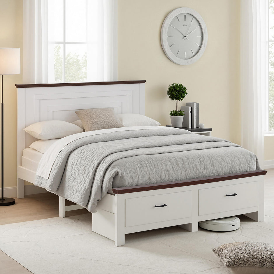 Artiss Double Wooden Bed Frame with 2 Drawer Platform Bed with 108cm Solid High Headboard White Bed Base for Bedroom Easy Assembly